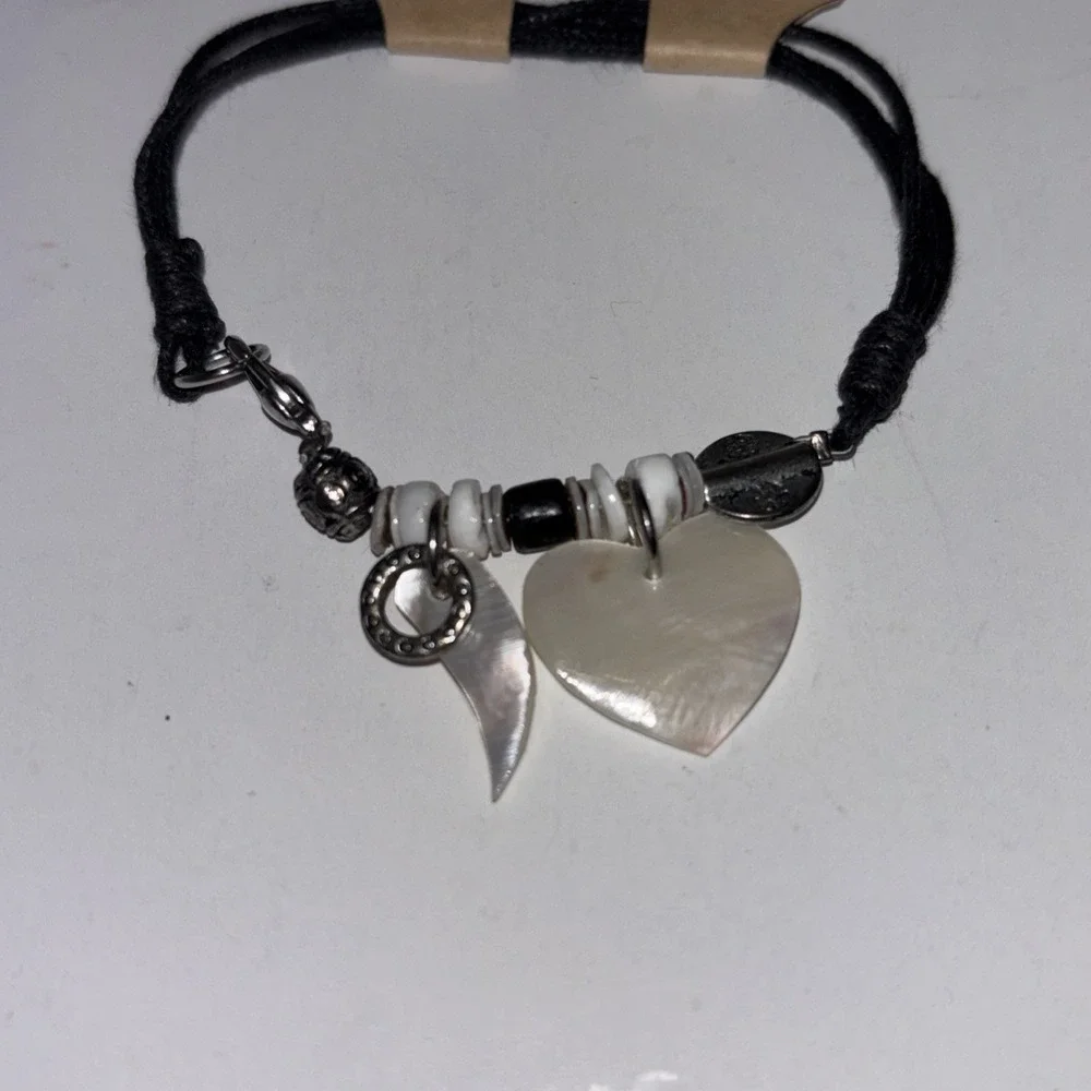 Faux Black Leather Bracelet Charms Ivory Heart Feather Hand Made In Philippines